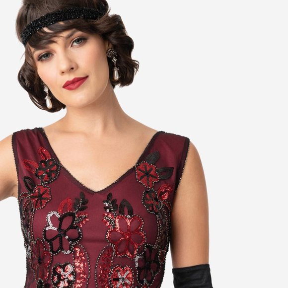 Unique Vintage Dresses & Skirts - Unique Vintage Black and Red Sequin and Beaded Flapper Dress Size M